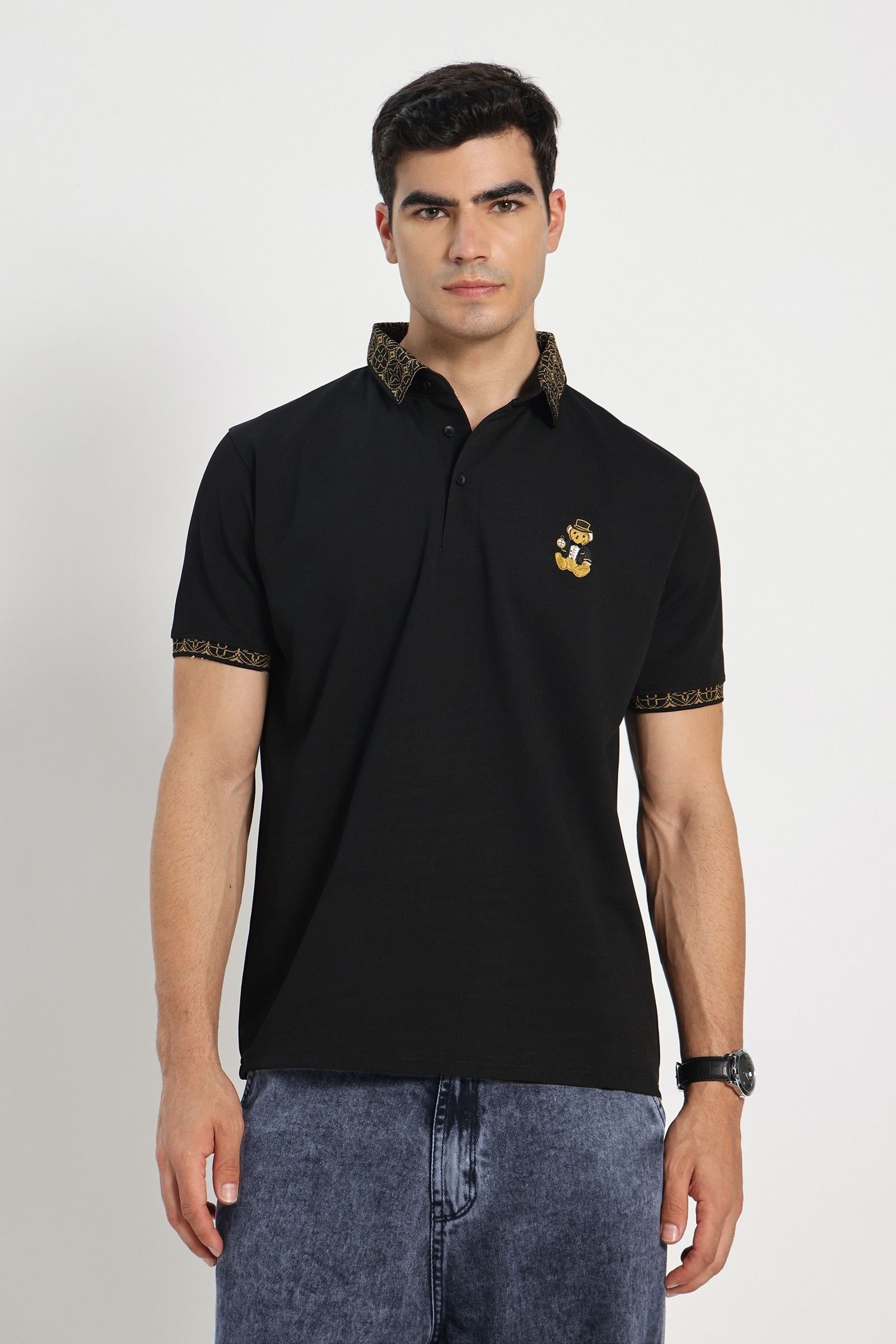 Premium Black Gold-Tipped Polo T-Shirt with Bear Embroidery