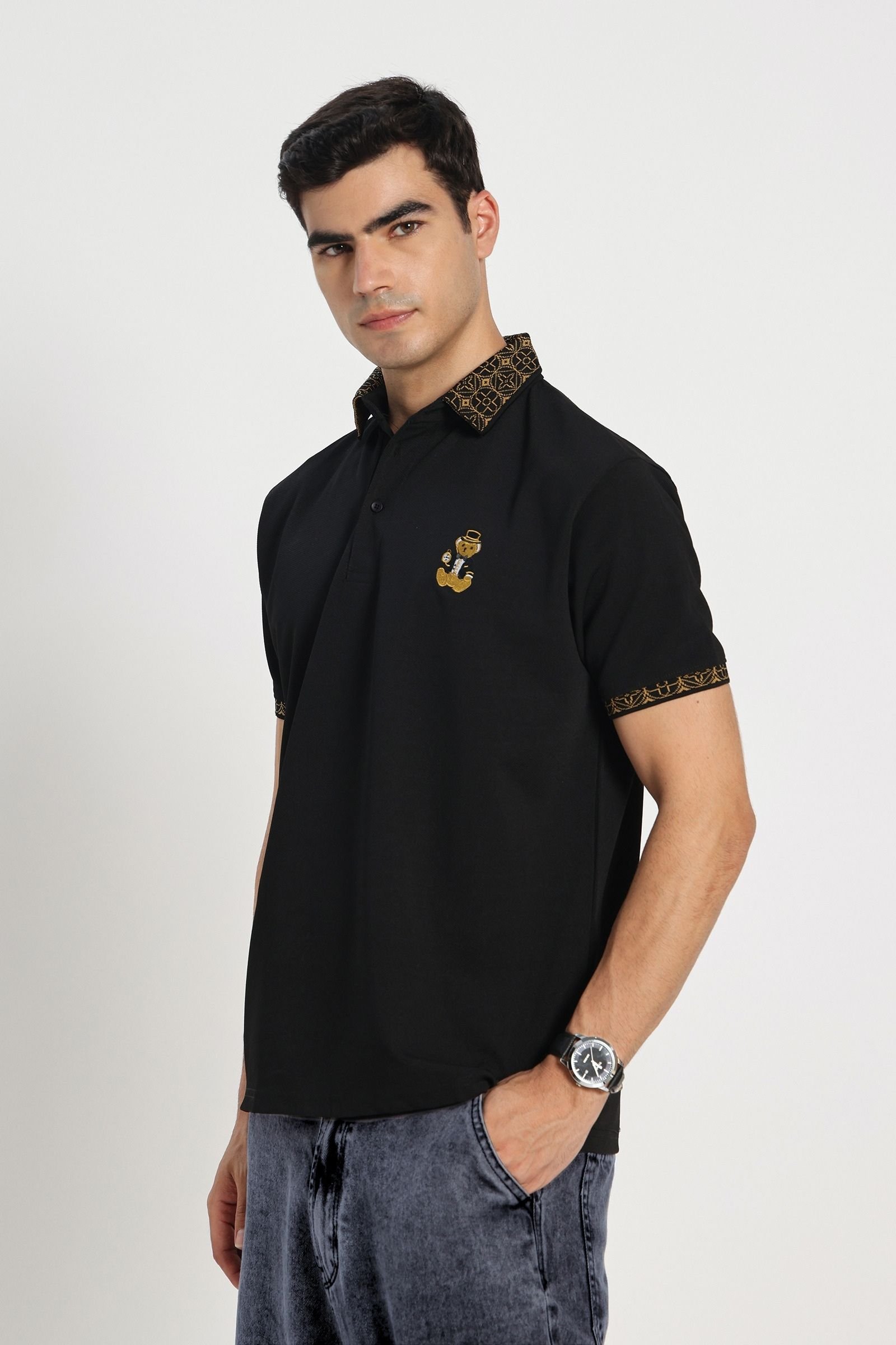 Premium Black Gold-Tipped Polo T-Shirt with Bear Embroidery - Image 5