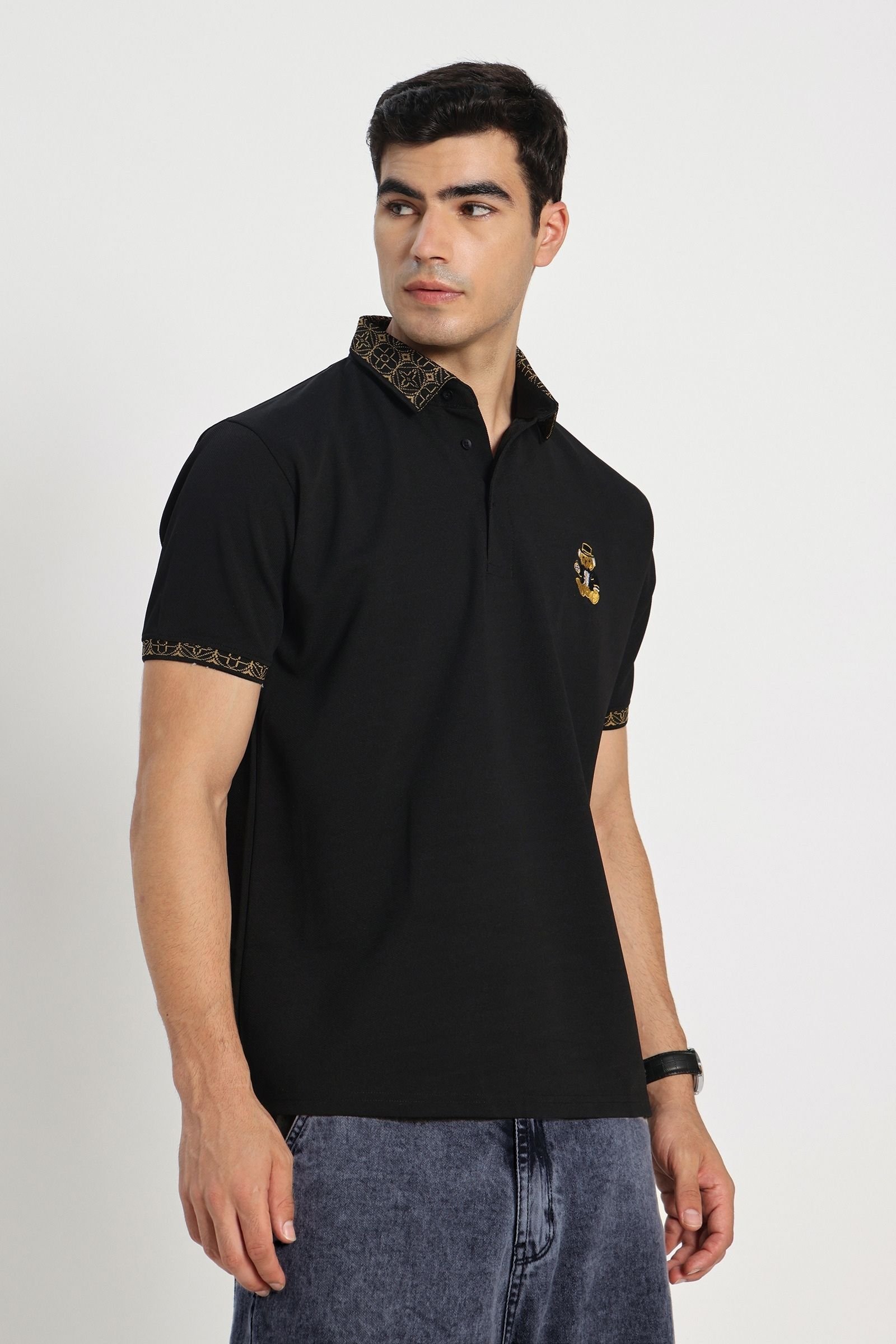 Premium Black Gold-Tipped Polo T-Shirt with Bear Embroidery - Image 3