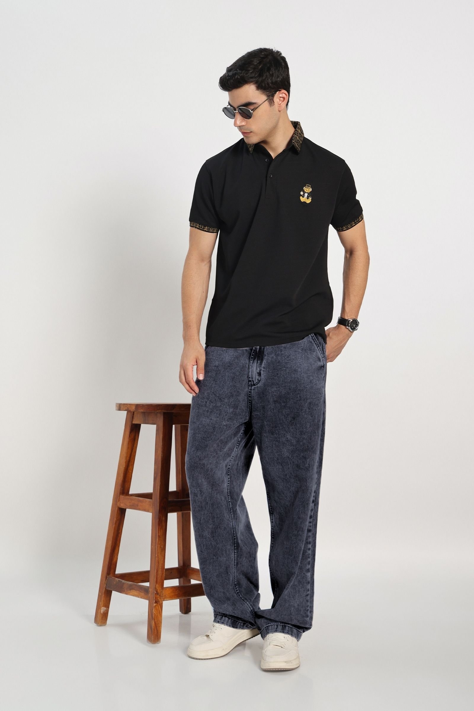 Premium Black Gold-Tipped Polo T-Shirt with Bear Embroidery - Image 2