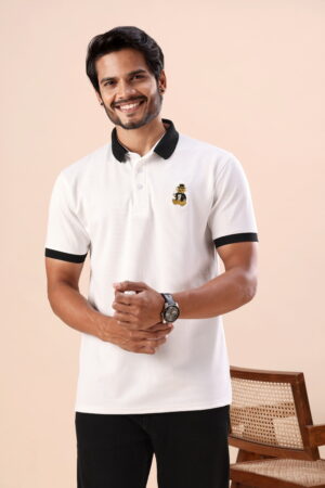 Premium White Polo T-Shirt with Black Collar and Bear Embroidery
