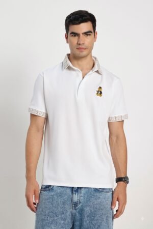 Premium White Gold-Tipped Polo T-Shirt with Bear Embroidery