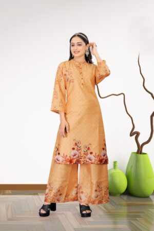 Comfortable Full-Length Orange Kurti and Wide-Leg Plazo Set