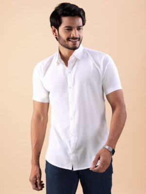 Men’s Premium White Linen Blend Short Sleeve Shirt