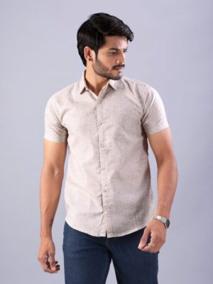 Men’s Textured Beige Linen Blend Short Sleeve Shirt