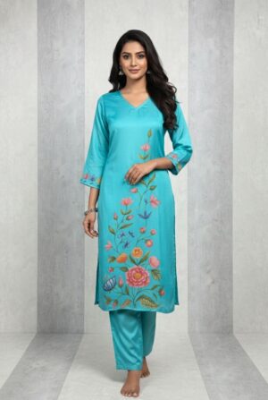 Sky Blue Floral Smooth Glass Satin Daily Wear Set