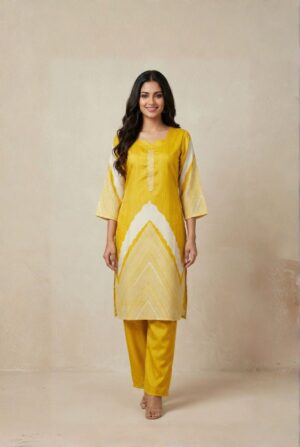 Bright Yellow Glass Satin kurti with pant set