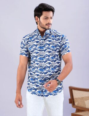 Blue & White Abstract Linen Blend Casual Shirt for Men