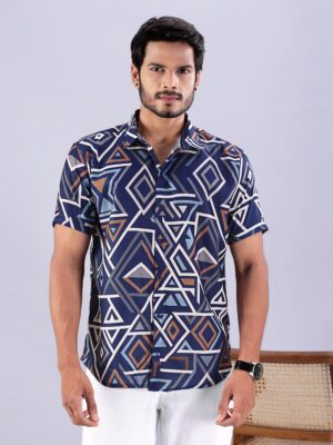 Navy & Brown Geometric Linen Blend Casual Shirt for Men