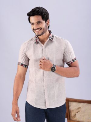 Beige Textured Casual Shirt for Men – Printed Cuff & Collar Accent