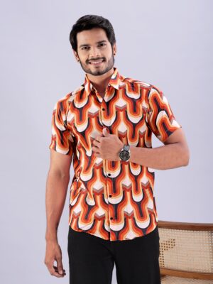 Rust Orange Psychedelic Linen Blend Casual Shirt for Men
