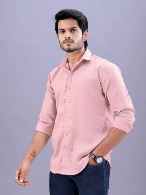 Premium Soft Pink Textured Linen Blend Full Sleeve Casual Shirt for Mens