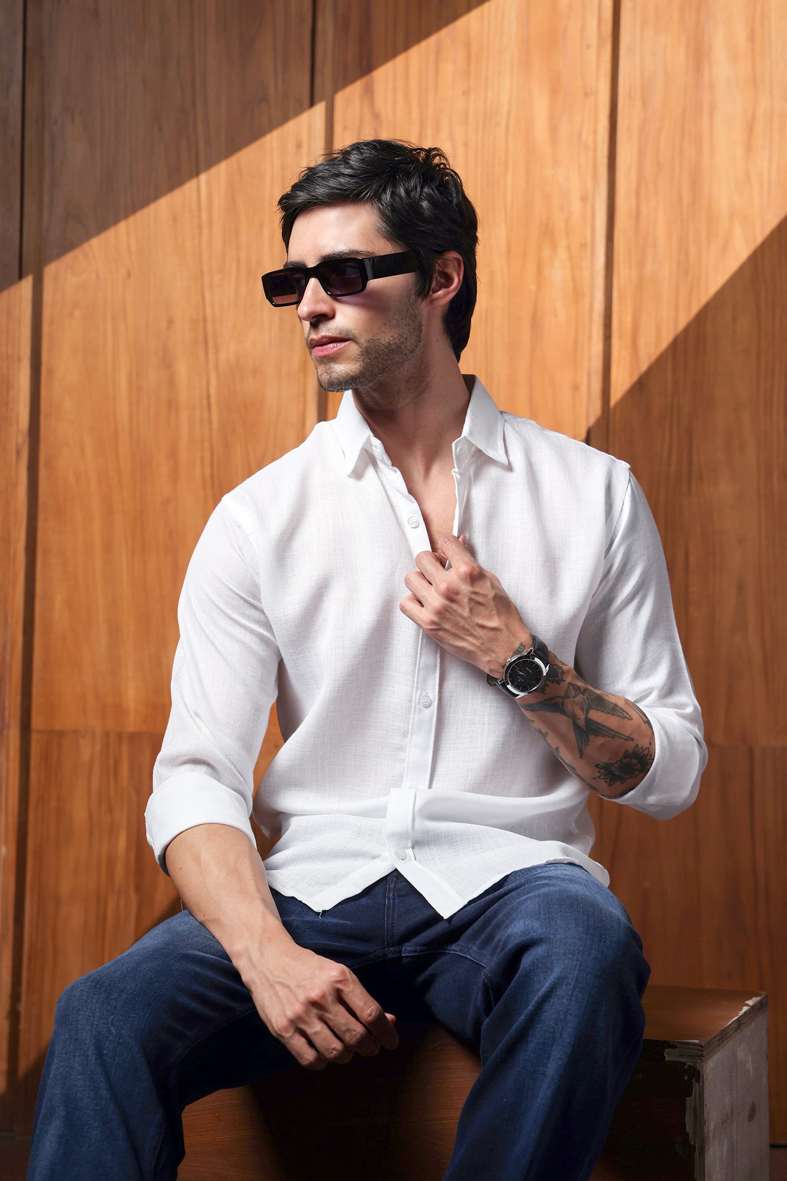 Premium White Textured Linen Blend Full Sleeve Casual Shirt for Mens