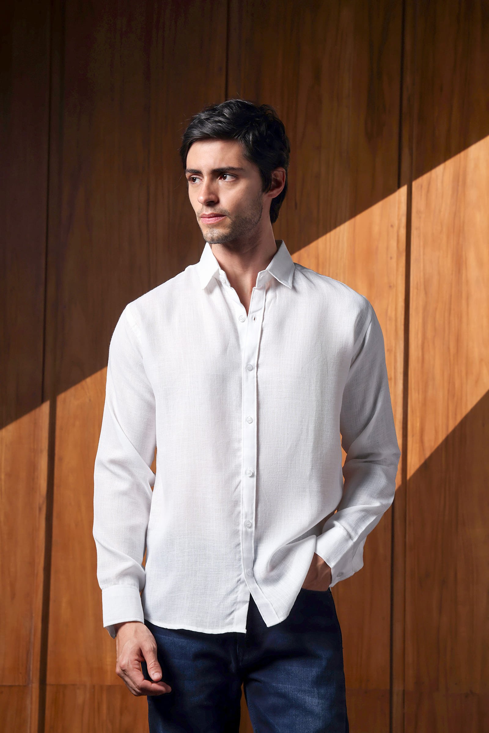 Premium White Textured Linen Blend Full Sleeve Casual Shirt for Mens - Image 4
