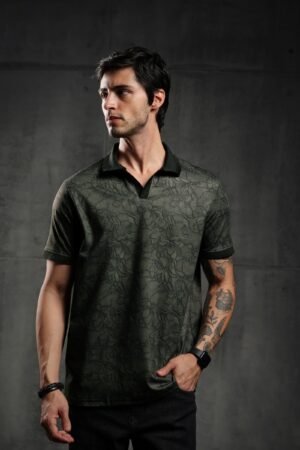 Men’s Olive Green Floral Print Open V-Neck Polo T-Shirt